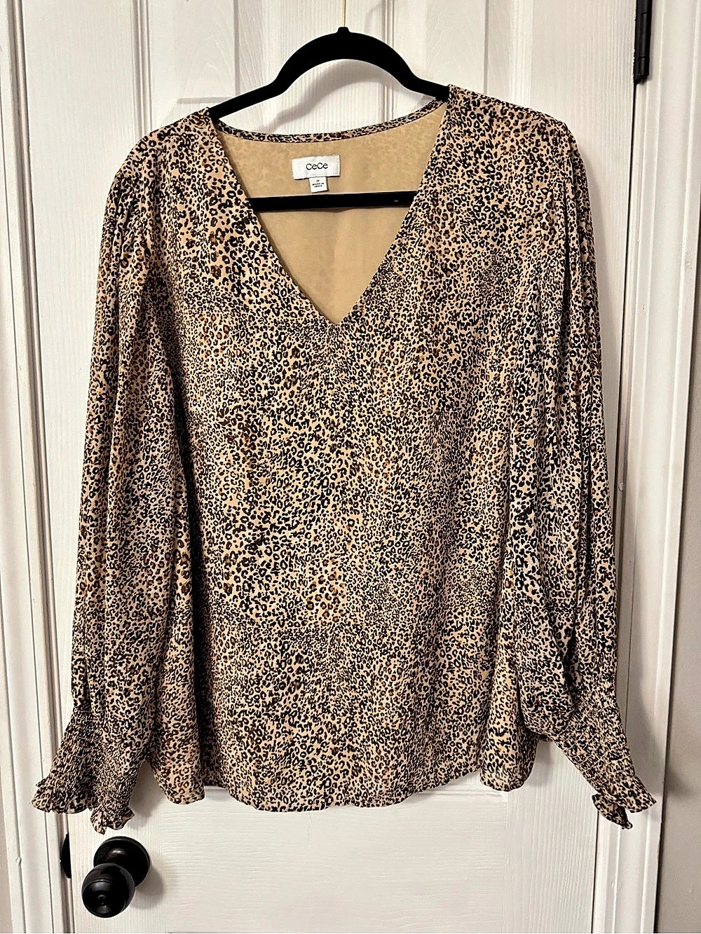 CeCe Long Sleeve Leopard Smocked Cuff Blouse Brown & Black 2X